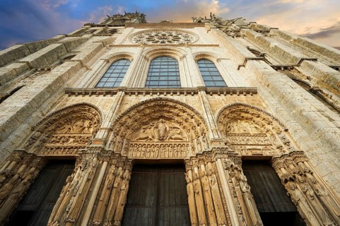 West facade with the Royal Portal of the Gothic Cathedral of Chartres