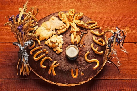 Decorated bread loaf with a salt shaker