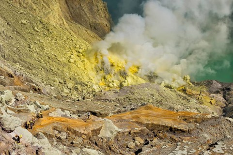 Sulphur carriers climbing out of Kawah Ijen volcano