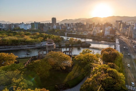 Panoramic view from Hiroshima Orizuru Tower over the city with atomic dome