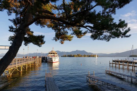 Pier in Gstadt and Fraueninsel island