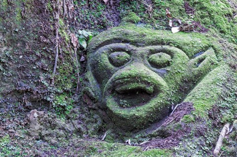 Moss-covered sculpture in the forest
