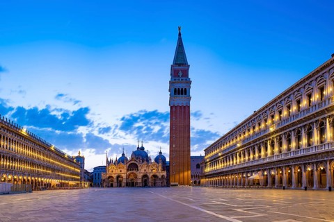 St. Mark's Square in the morning with the bell tower of Campanile and the Basilica of St. Mark