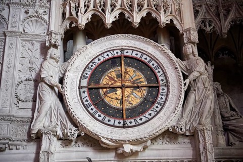 16th century flamboyant Gothic astrological clock in the choir screen of the Cathedral of Chartres
