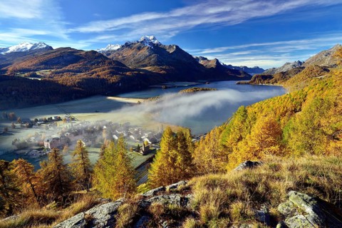 Views of Lake Sils and Piz da la Margna in autumnal Upper Engadine