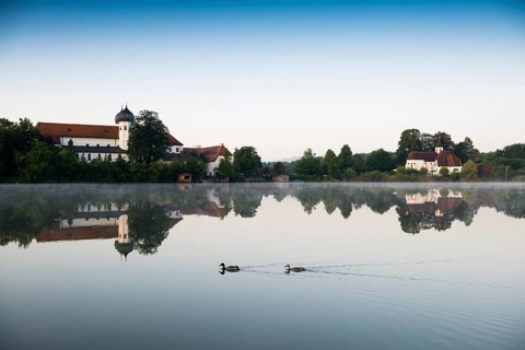 Early morning at Seeon Abbey on an island in Seeoner See Lake