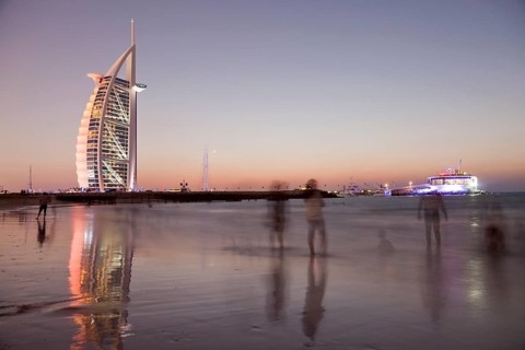 Luxury hotel Burj Al Arab and Jumeirah Beach at the blue hour
