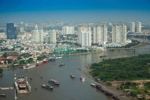 Aerial view of Saigon River with the city center