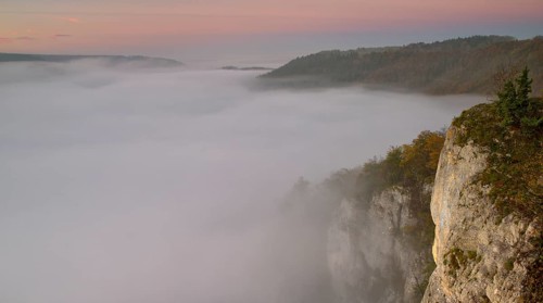 Foggy atmosphere in the upper Danube valley view from the Eichfelsen lookout point
