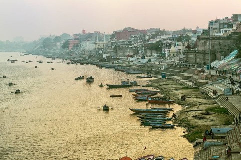 Ganges River and Varanasi ghats at sunset