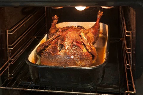Crispy roasted duck in a roasting pan in an oven