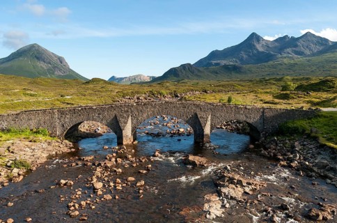 Sligachan Bridge with Marsco peak and Sgurr nan Gillean Mountain of Cuillin Range