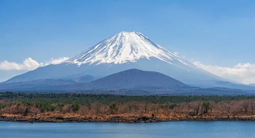 View over a lake to the volcano Mt Fuji