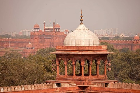 Dome of the Friday Mosque Jama Masjid with the Red Fort