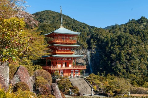Nachi waterfall behind pagoda of Seigantoji Temple
