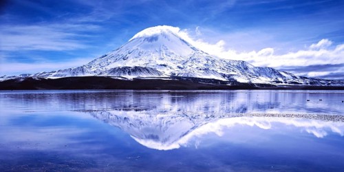 Parinacota volcano with reflections in the lake Lago Chungara