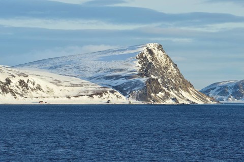 Norwegian Sea and island coast with buildings