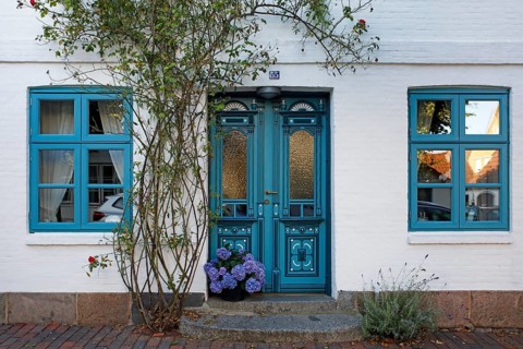 Historical house with decorative wooden door