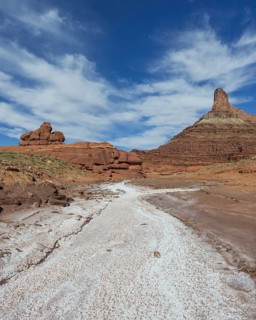 Salt deposits in a dry river bed