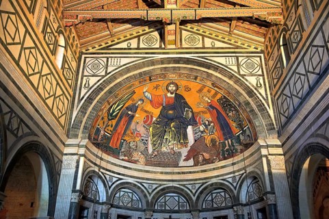 The medieval Romanesque style Byzantine mosaic of Christ between the Virgin Mary and St Minias