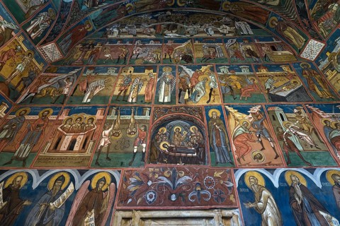 Wall frescos in the interior of the Humor Monastery