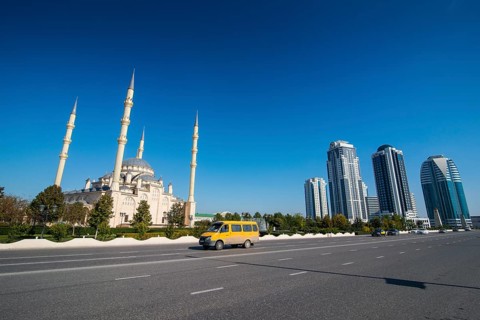 Akhmad Kadyrov Mosque and modern business buildings in Grozny