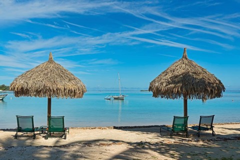 Parasols and sun loungers on the beach