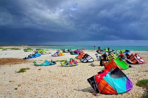 Kites and kitesurfers on the beach in high winds
