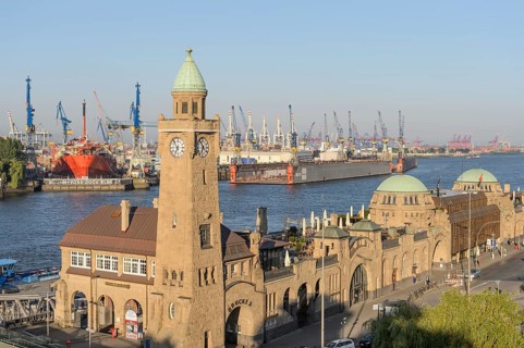 St. Pauli Landing Stages with the water level tower and the Elbe river