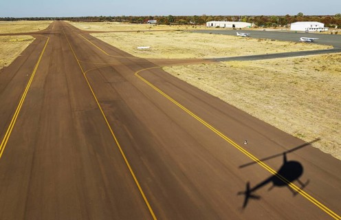 Helicopter approaching the airport of Maun
