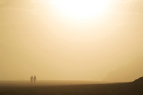 Two people walking at the beach at sunset