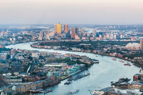 View of the Canary Wharf financial center and the river Thames