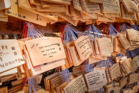 Written wishes to deities on small wooden boards