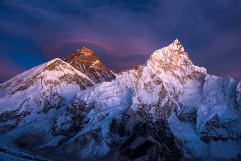 View at sundown from Kala Patthar on Mount Everest and Lhotse west flank