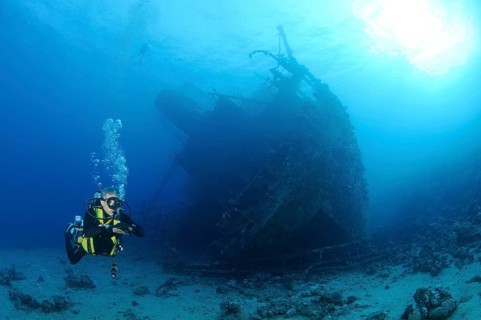 Diver looking at Giannis D shipwreck