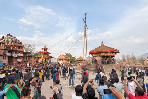 A 25m high pole or lingam is pulled to the ground during the Bisket Jatra New Year celebrations