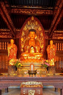 Golden Buddha statue and relics inside the Giant Wild Goose Pagoda