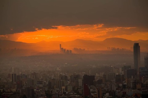 View across of the city at sunset