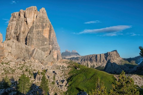 The Cima Grande peak in the Cinque Torri with blue sky