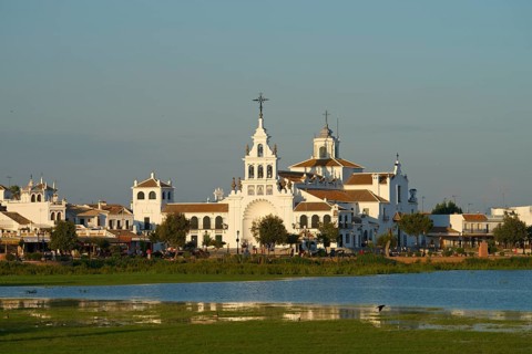Hermitage of El Rocio in the lagoon of the Donana National Park