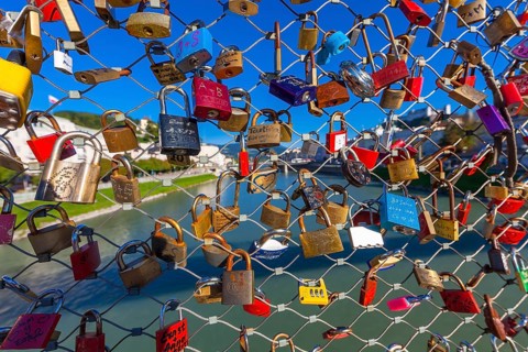 Love locks on Makartsteg bridge over the Salzach River