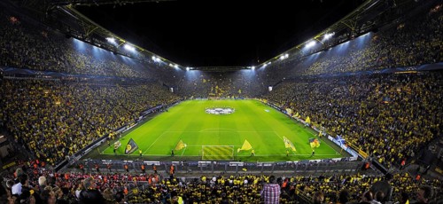 The sold-out Signal Iduna Arena before the kickoff of the UEFA Champions League game Borussia Dortmund vs Arsenal
