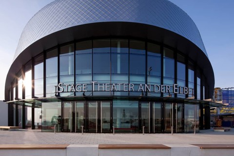 Glass entrance facade of the Stage Theater an der Elbe
