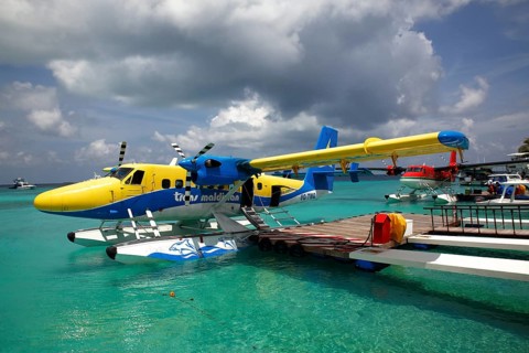 Seaplanes at the pontoon of Kuredu Island