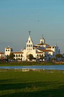 Hermitage of El Rocio in the lagoon of the Donana National Park