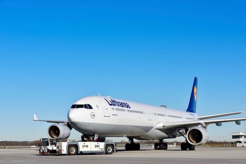 Lufthansa Airbus A340-600 with pushback truck