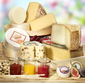 Selection of different cheeses with figs