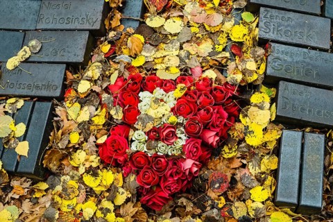 Floral wreath on memorial site in the concentration camp of Wobbelin