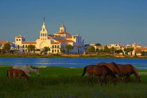 El Rocio village and Ermita del Rocio hermitage in morning light