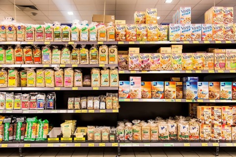 Shelf with various cereals
